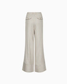 Back view of beige striped wide-leg trousers