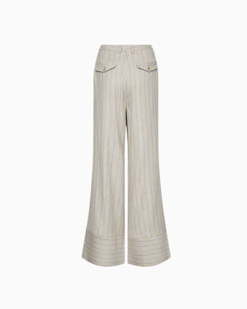 Back view of beige striped wide-leg trousers