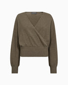 Front view of Mos Mosh Ady Wrap Knit in taupe cashmere blend with V-neck
