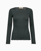 Front view of Mos Mosh Elaine Seamless Tee in ribbed wool-modal with ruffle hem