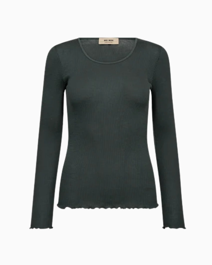 Front view of Mos Mosh Elaine Seamless Tee in ribbed wool-modal with ruffle hem
