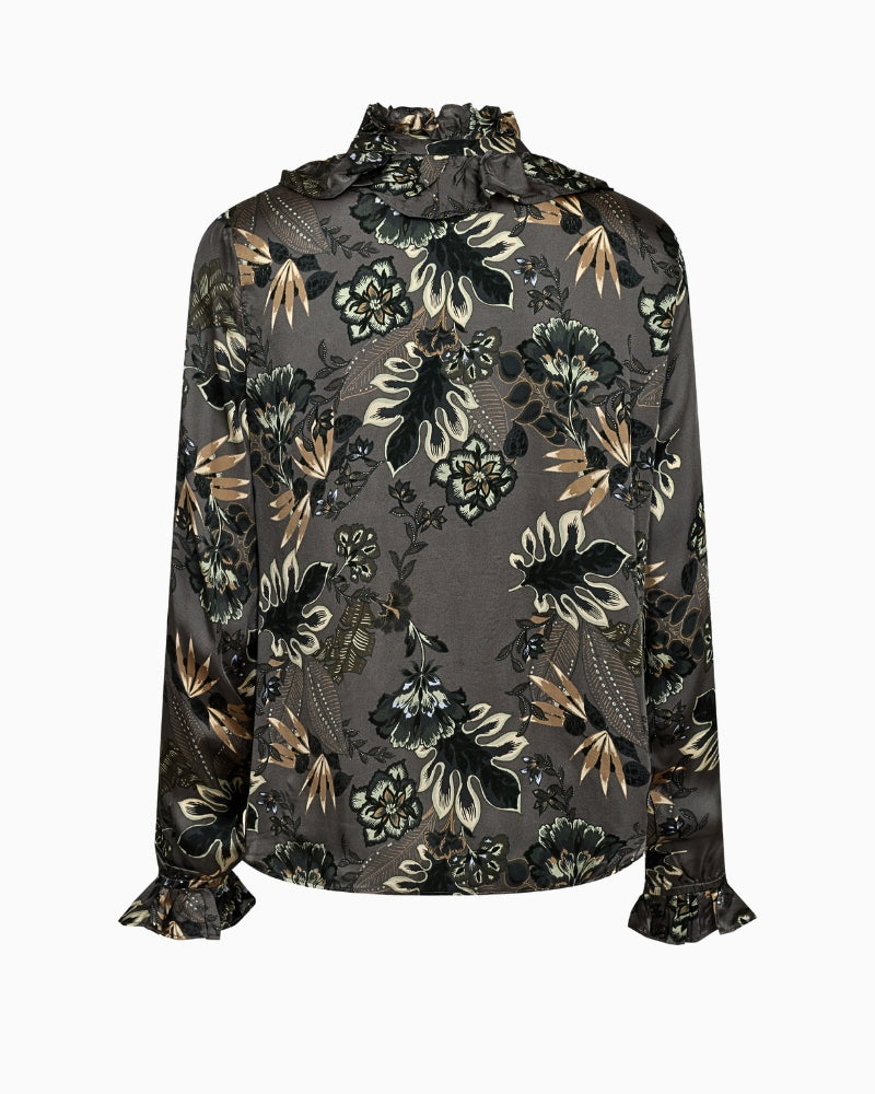 Back view of Flow Floro Shirt with ruffle accents