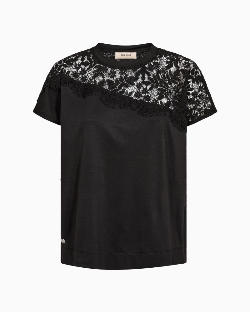 Mos Mosh Gianne Lace Tee in black front view
