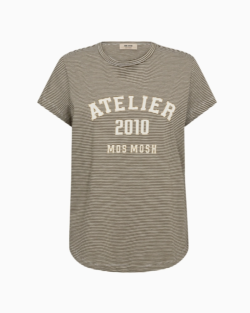 Mos Mosh MMCamp O-SS Stripe Tee in burnt olive front view