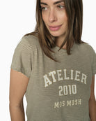 Mos Mosh MMCamp O-SS Stripe Tee in burnt olive logo print detail