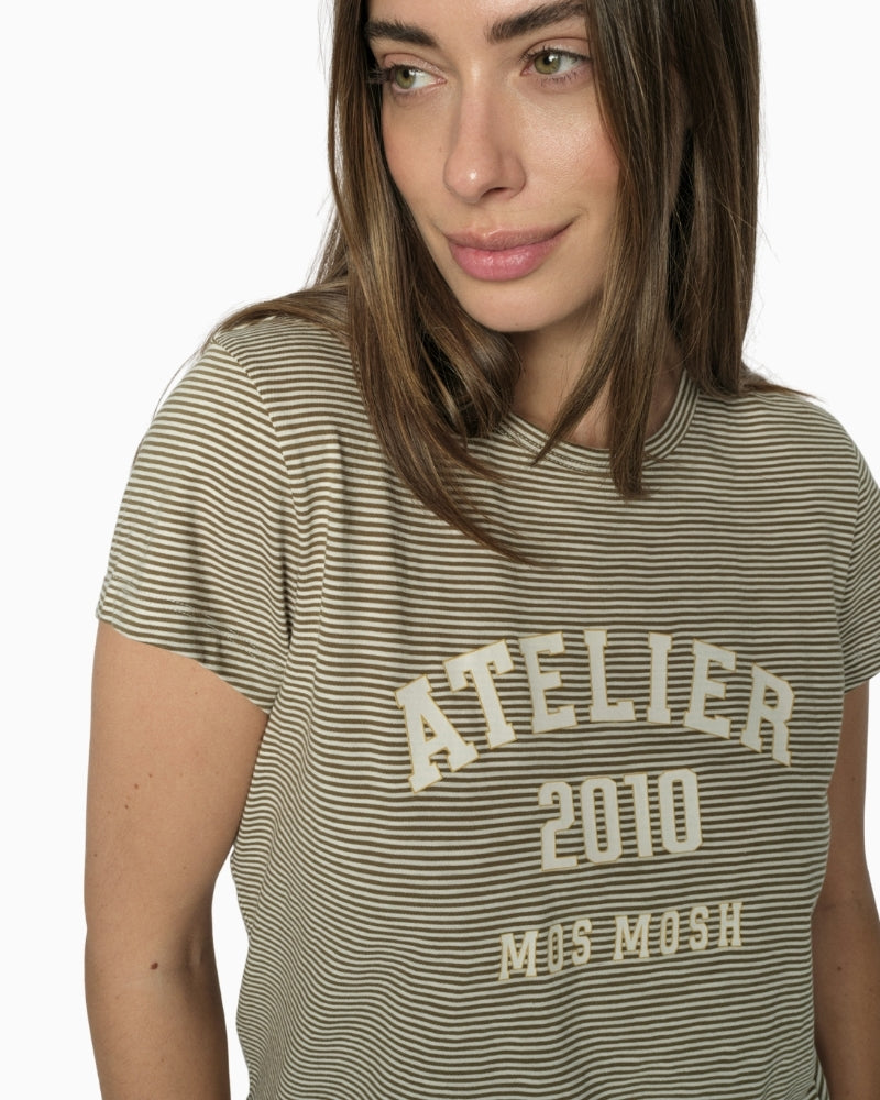 Mos Mosh MMCamp O-SS Stripe Tee in burnt olive logo print detail