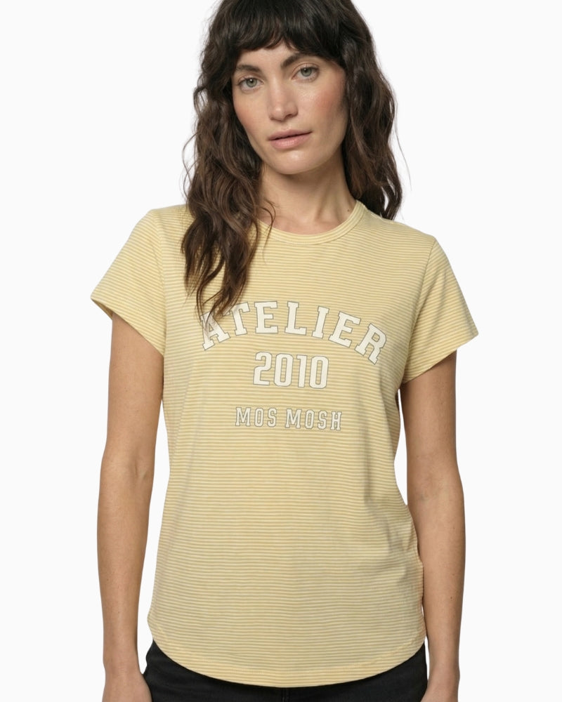 Mos Mosh MMCamp O-SS Stripe Tee in rattan model front