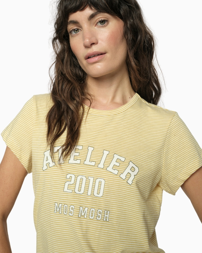 Mos Mosh MMCamp O-SS Stripe Tee in rattan model front view