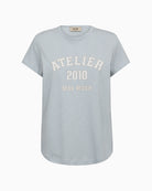 Mos Mosh MMCamp O-SS Stripe Tee in skyway blue front view