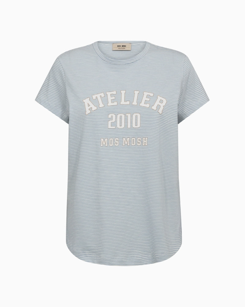 Mos Mosh MMCamp O-SS Stripe Tee in skyway blue front view