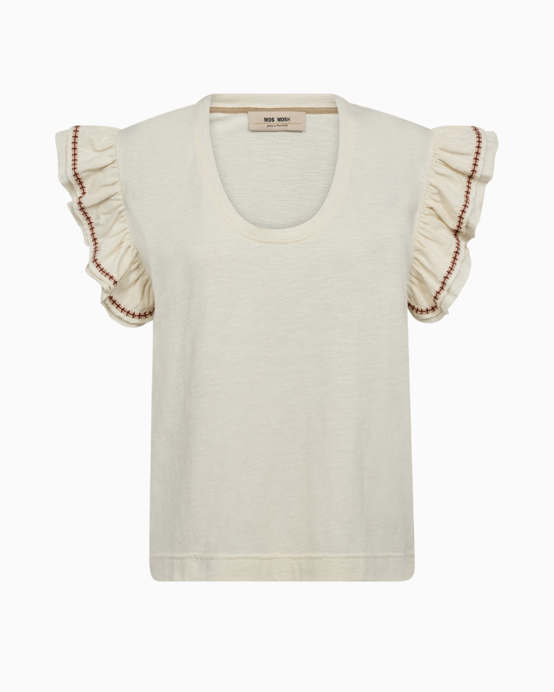 Mos Mosh MMTorra O-SS tee ecru front view ruffle sleeves
