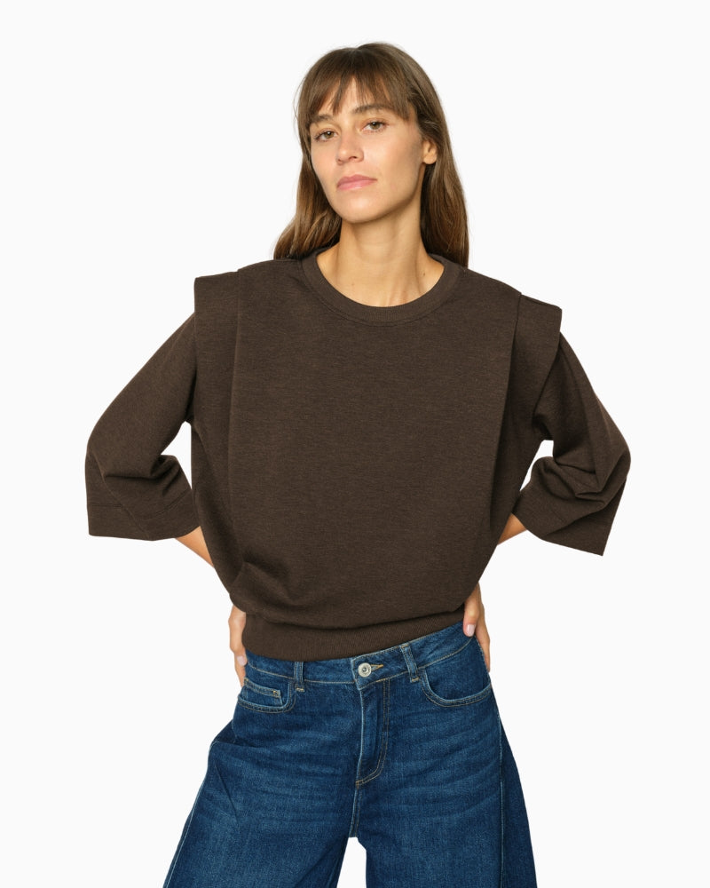 Mos Mosh Mae O-3/4 Sleeve Sweatshirt in Brown front view