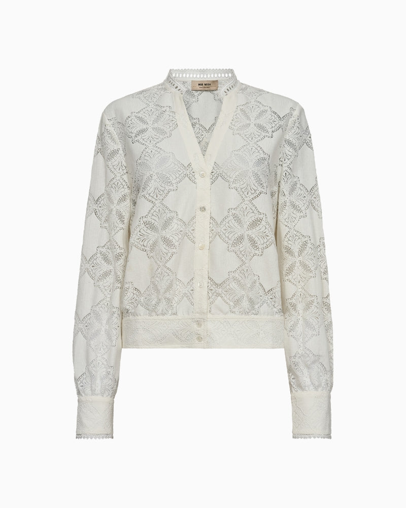 Mos Mosh Monia Yen lace shirt ecru front view on woman wearing it – Áines Boutique