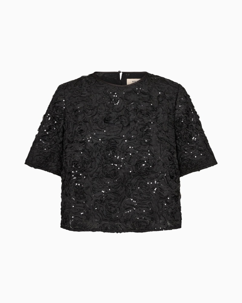 Mos Mosh Reya Sequins Back Top in Black front view