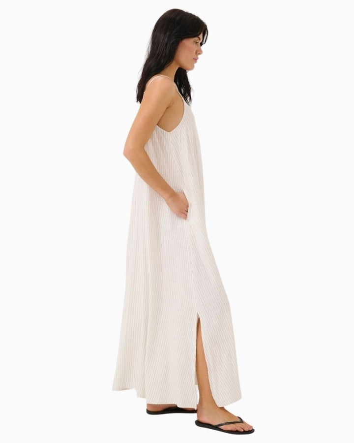 Side view Full-length summer dress with A-line fit and lightweight drape

