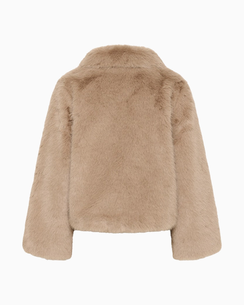 Back view of plush faux fur coat with clean seam lines