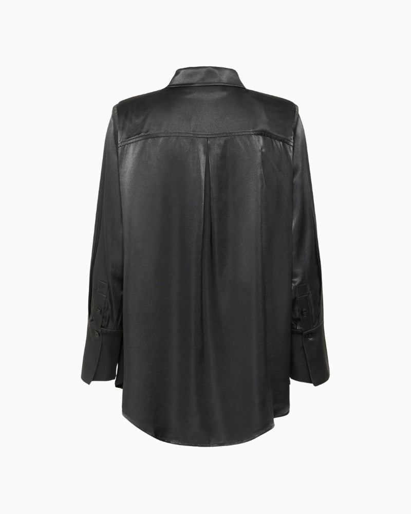 Back view of hip-length satin shirt with subtle shine