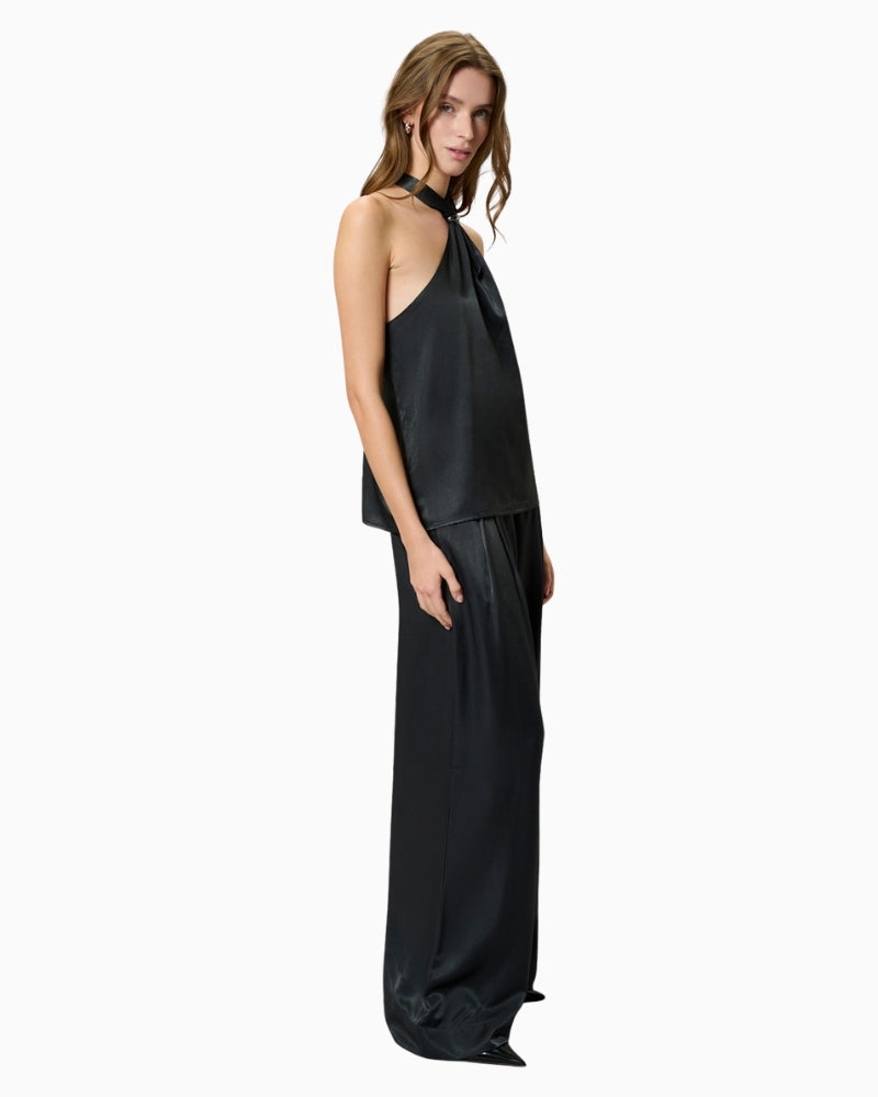 Side view showing full-length wide leg and relaxed fit