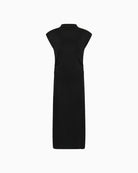 Back view of sleeveless black dress with clean lines and relaxed fit
