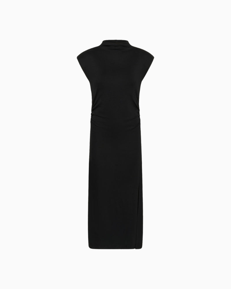 Back view of sleeveless black dress with clean lines and relaxed fit