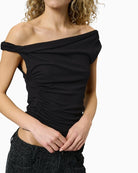 Close-up of gathered detail on sleek one-shoulder top by My Essential Wardrobe