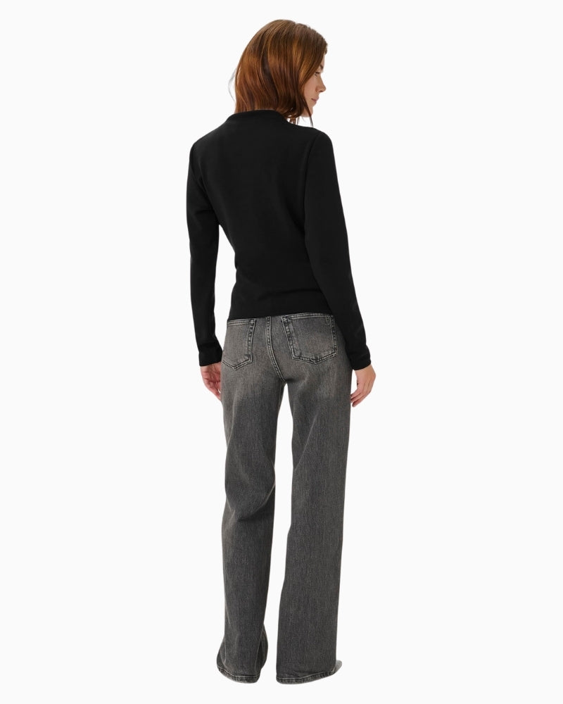 Back view of casual fit blouse with hip-length cut and long sleeves