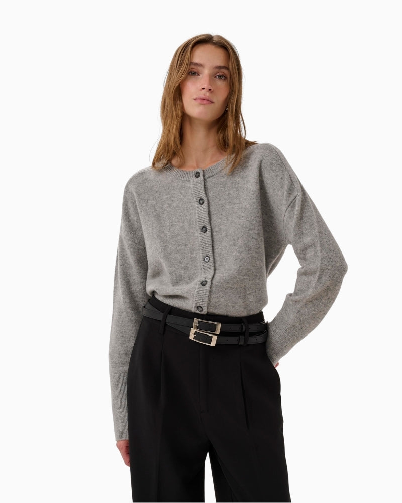 My Essential Wardrobe wool knit cardigan front view on woman – Áines Boutique