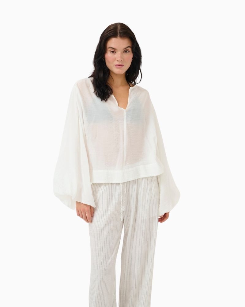 Front view of LiloMW relaxed fit blouse showing long sleeves and natural drape