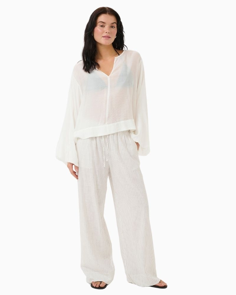 Front view of LiloMW relaxed fit blouse showing long sleeves and natural drape