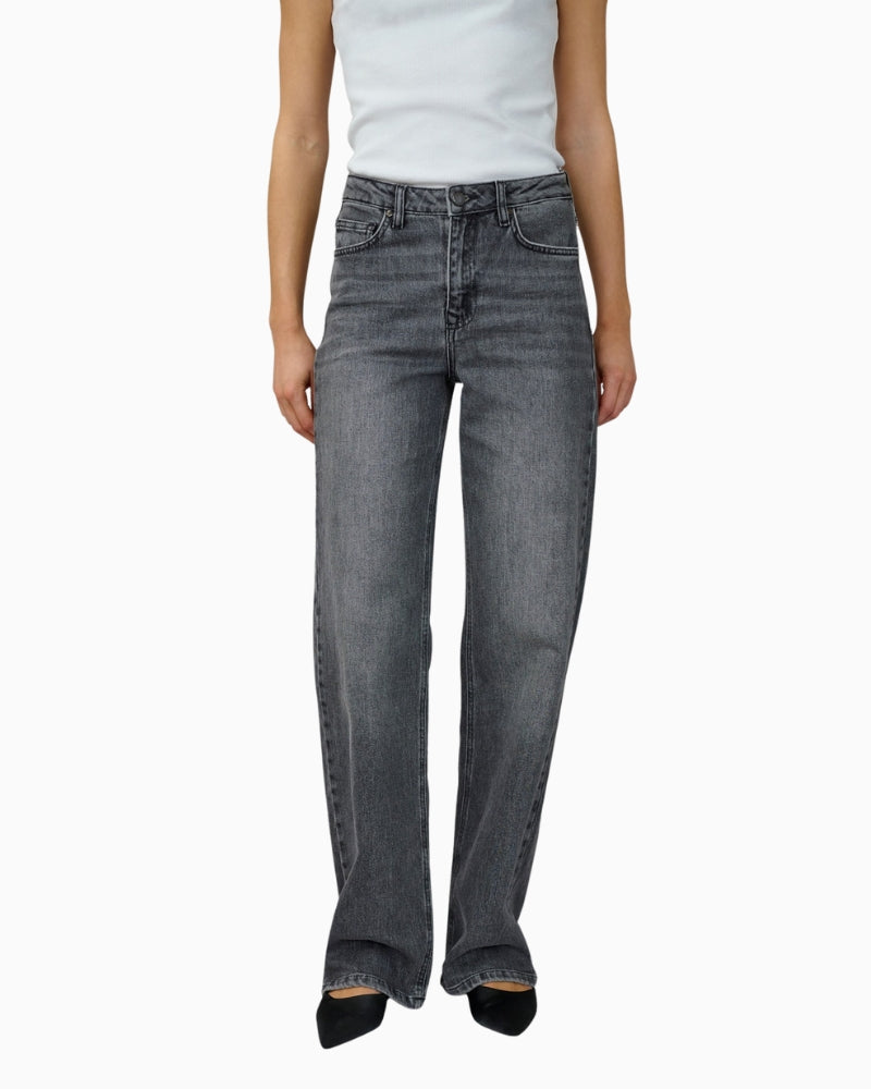 Front view of high-waisted straight leg LOUIS jeans by My Essential Wardrobe in soft stretch denim