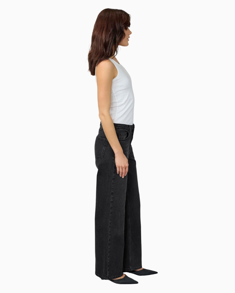Side view of Straight-leg high-waist jeans by My Essential Wardrobe in classic dark denim