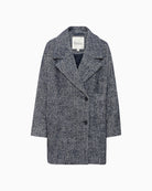 Front view of relaxed fit knee-length coat with wide lapel collar