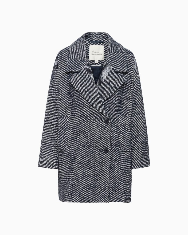 Front view of relaxed fit knee-length coat with wide lapel collar