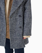Close-up of double-breasted buttons and lapel detail on Maggie coat