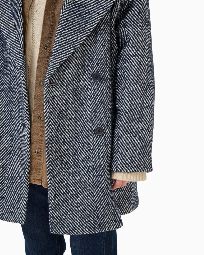 Close-up of double-breasted buttons and lapel detail on Maggie coat