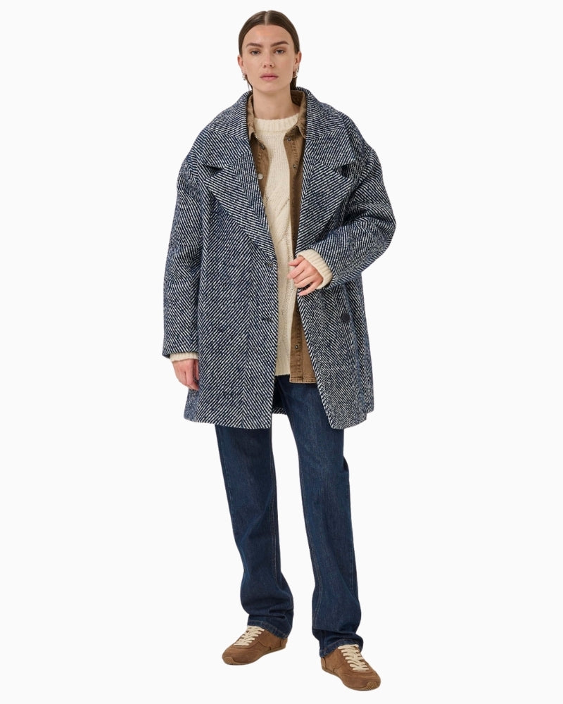 My Essential Wardrobe Maggie coat styled over jeans and knitwear