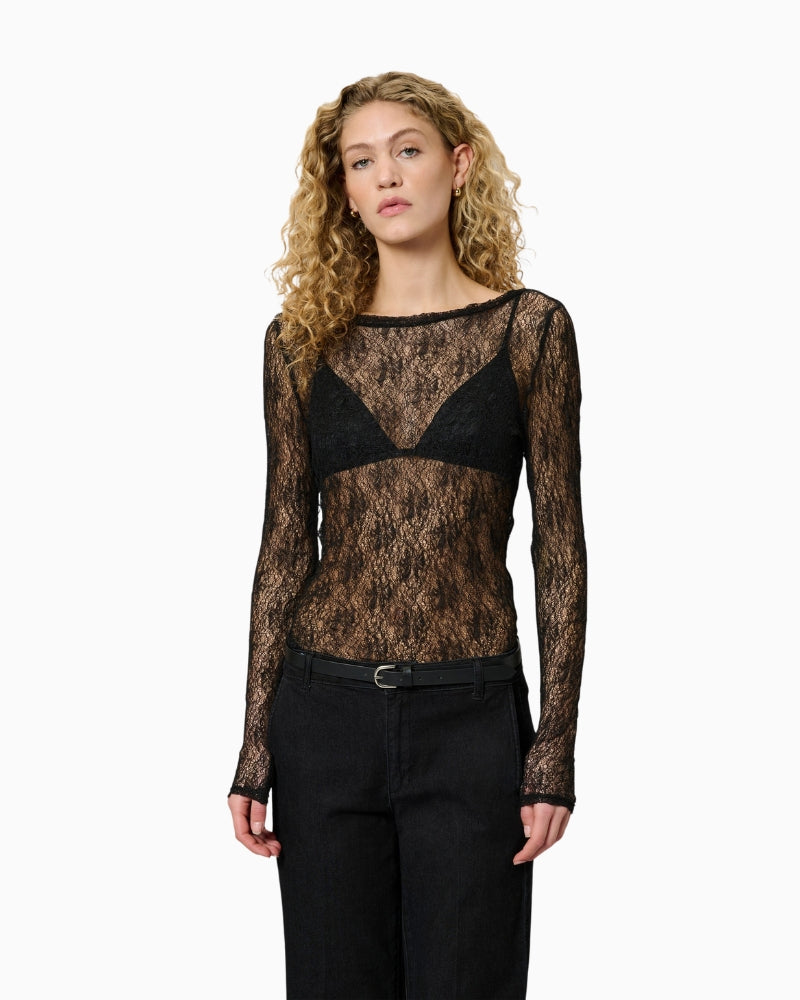 Sheer black lace blouse by My Essential Wardrobe with long sleeves