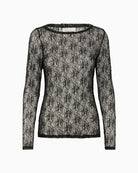 Front view of fitted lace top with round neckline and clean hem