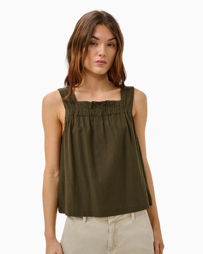 My Essential Wardrobe Dias Florence top khaki front view square neckline