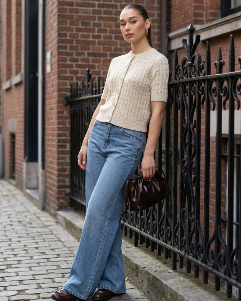 My Essential Wardrobe Divamw knit cardigan beige front view on model