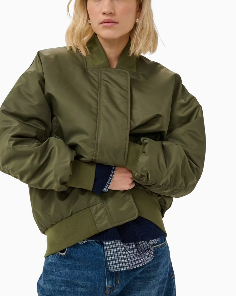 My Essential Wardrobe Helga MW Reversible Bomber Jacket in Olive stand collar detail