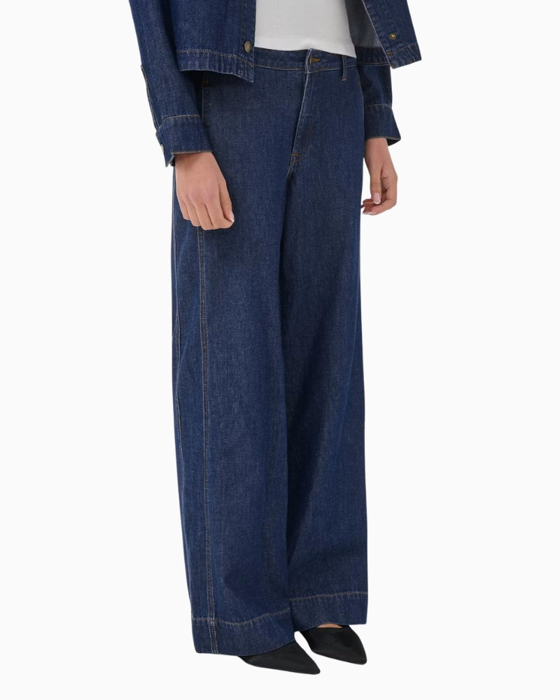 My Essential Wardrobe Hilma Wide Pants in Dark Denim side view