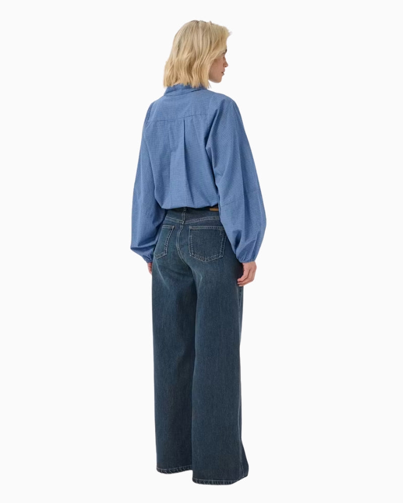 My Essential Wardrobe Ilse Balloon Sleeve Shirt in Blue back view