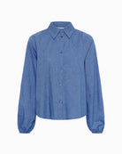 My Essential Wardrobe Ilse Balloon Sleeve Shirt in Blue collar detail