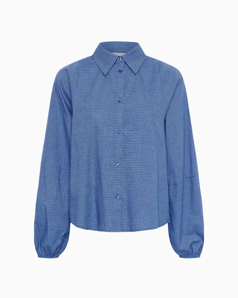 My Essential Wardrobe Ilse Balloon Sleeve Shirt in Blue collar detail