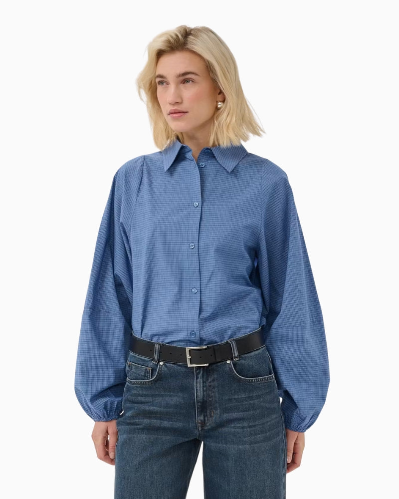 My Essential Wardrobe Ilse Balloon Sleeve Shirt in Blue front view