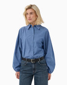 My Essential Wardrobe Ilse Balloon Sleeve Shirt in Blue front view