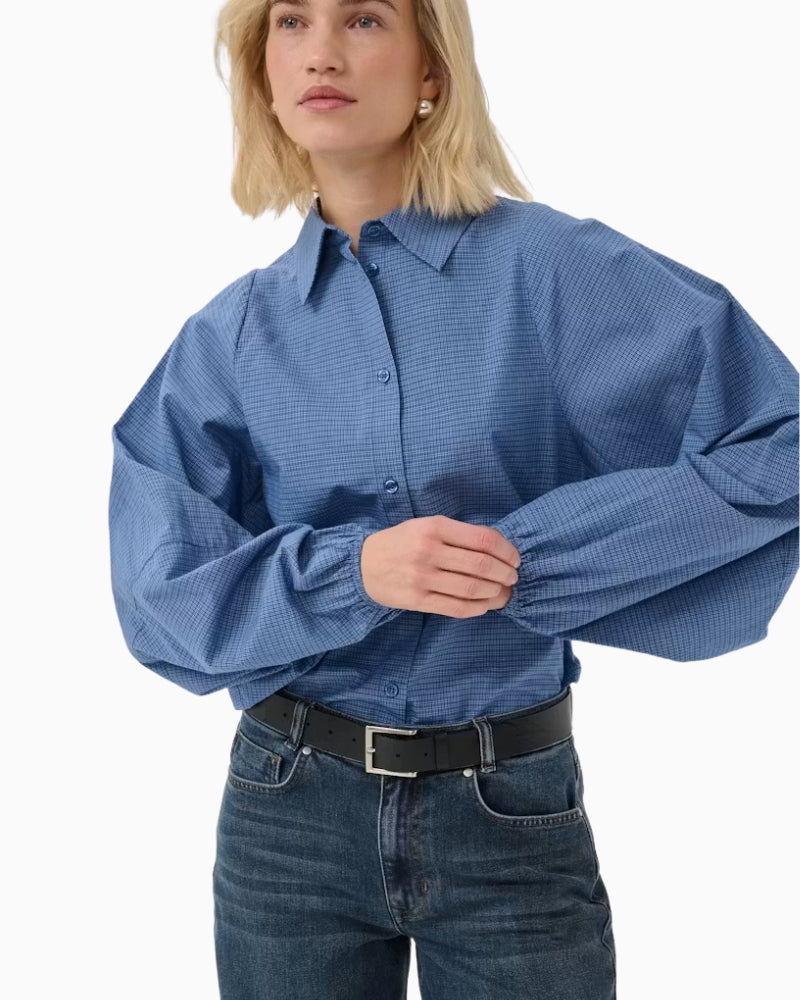 My Essential Wardrobe Ilse Balloon Sleeve Shirt in Blue sleeve detail