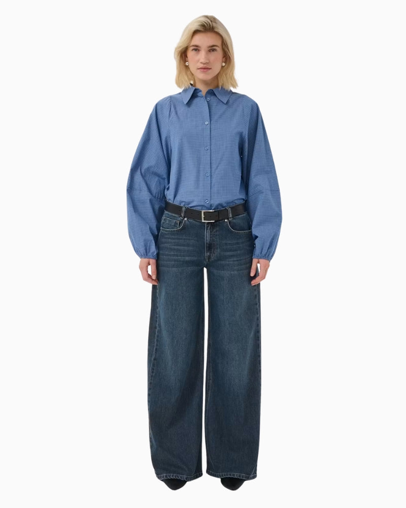 My Essential Wardrobe Ilse Balloon Sleeve Shirt in Blue styled view