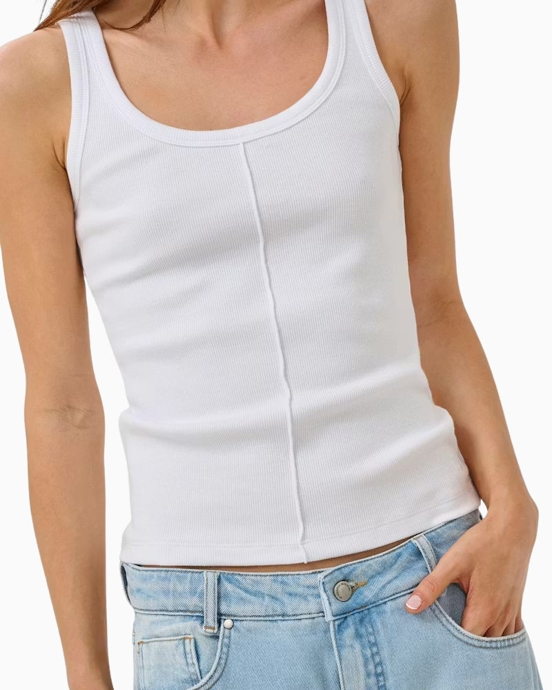 My Essential Wardrobe Mandy white ribbed tank top close up view with scoop neckline